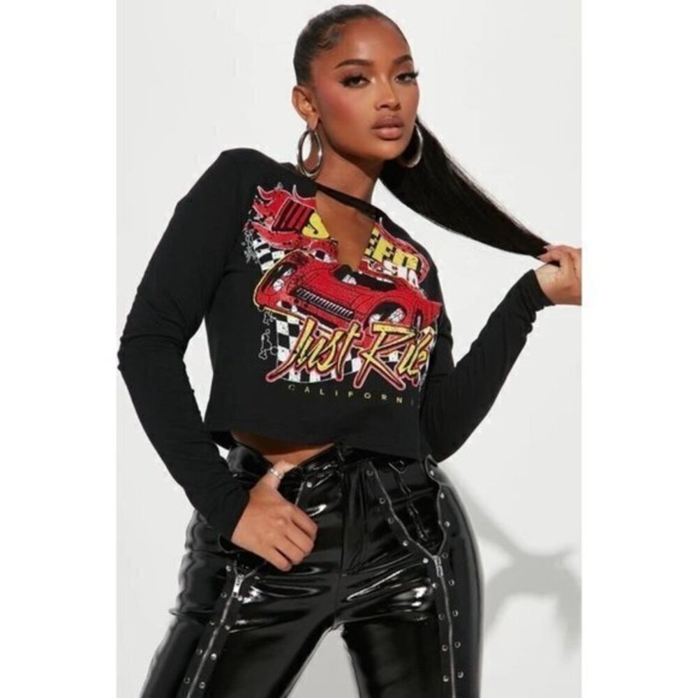 Just Ride Cut Out V-Neck Long Sleeve Cotton Tee - Black Size M RefFNB3